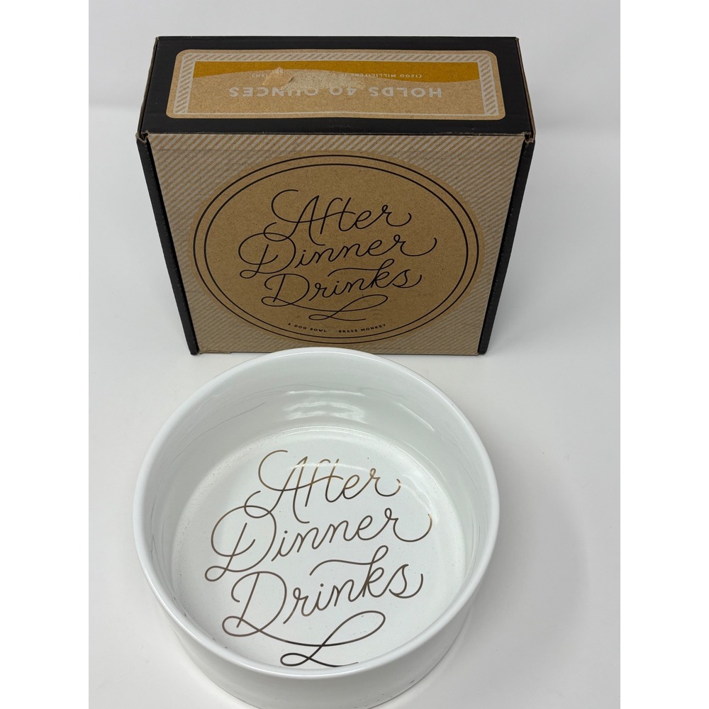 Brass Monkey After Dinner Drinks Ceramic Dog Bowl White Gold Foil lettering NIB